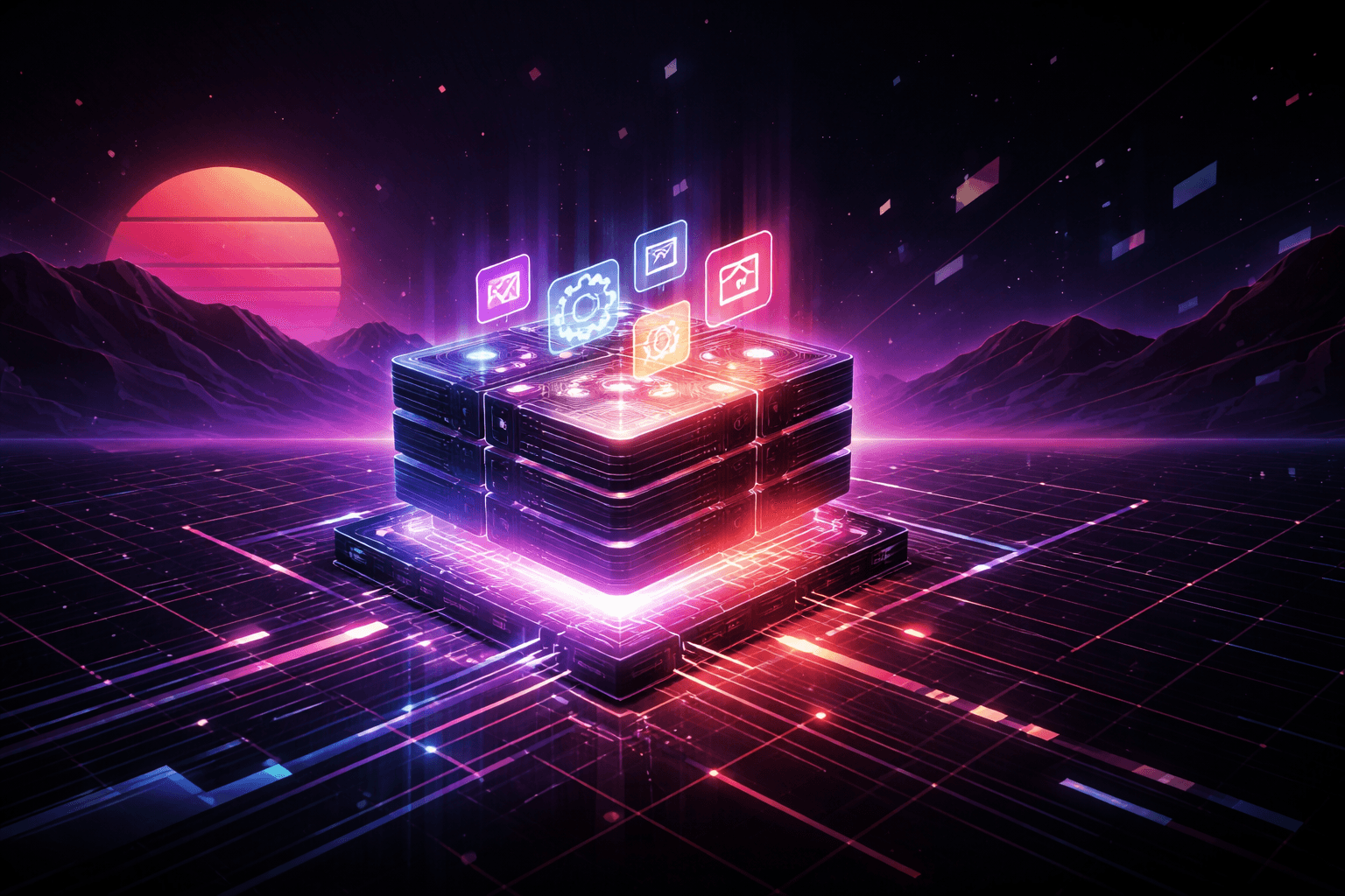 Dark abstract digital artwork of a glowing layered server-like structure on a neon grid with floating panels, purple mountains, and a retro sunset; subtle retrowave style